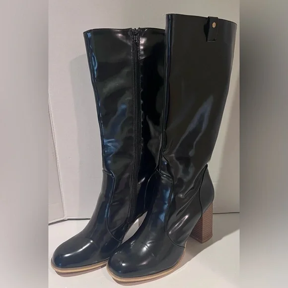 Leila Stone Vegan Black Patent Leather Cynira Knee-High Boots Block Heel Size 10 - Picture 2 of 12